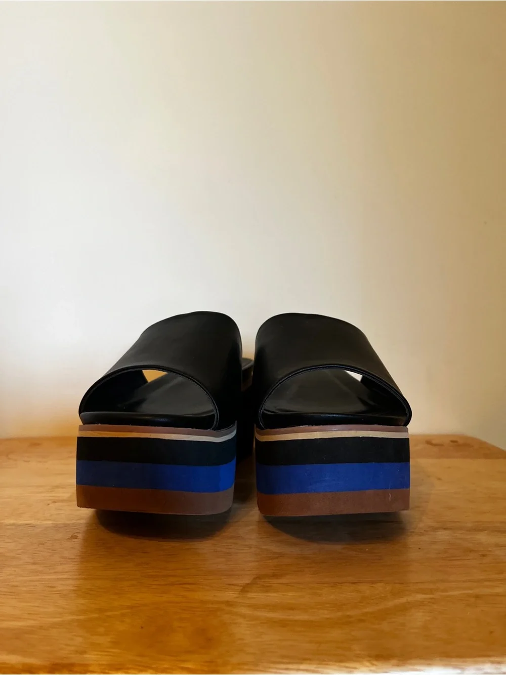 ShuShop Black Slide Mules with Blue and Brown Striped Platform